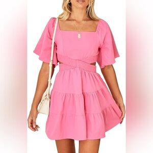 Senllen Pink Cotton Crossover Elastic Waist Sz M Mini Dress Feminine Cottagecore